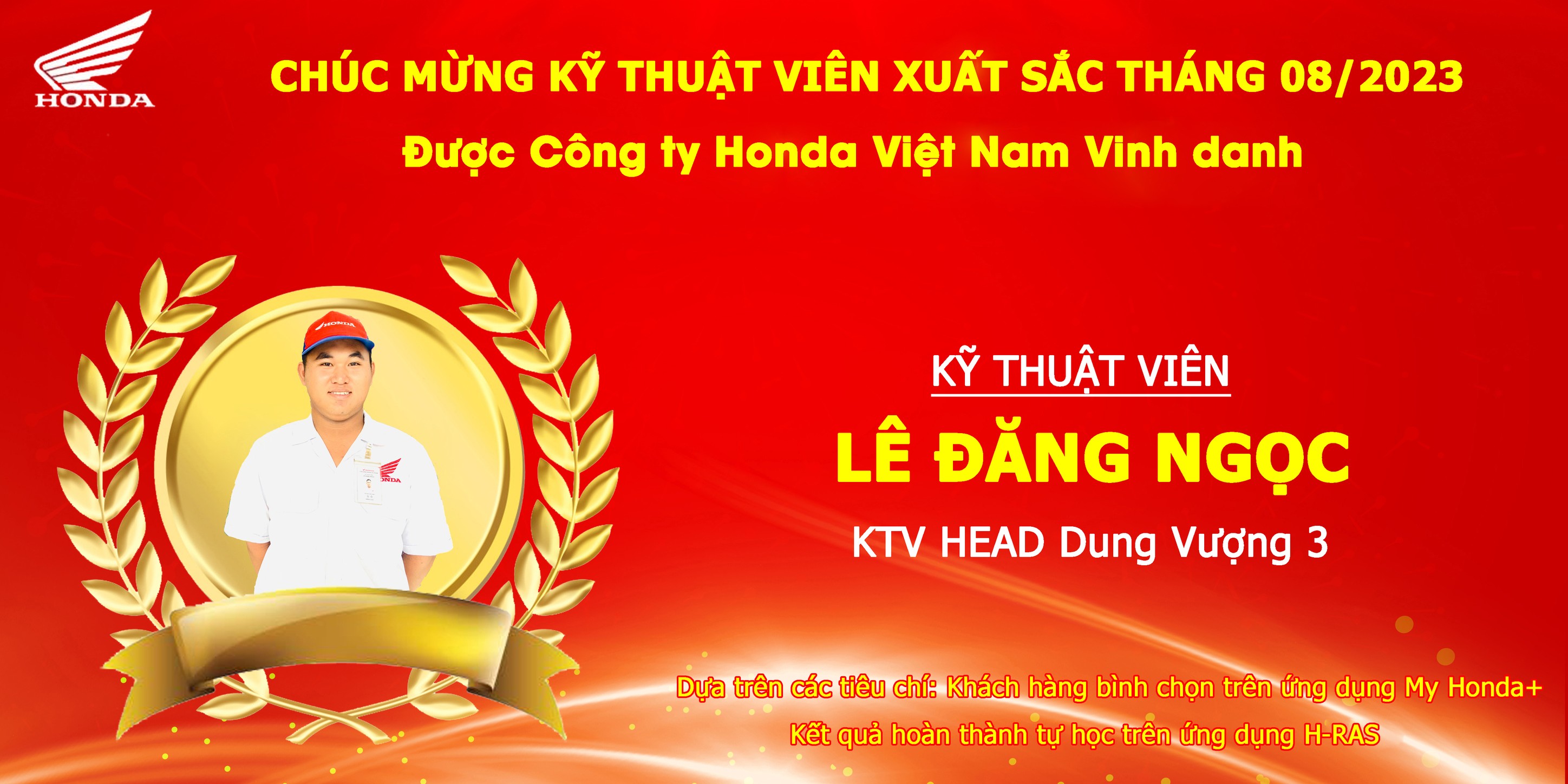 Chúc mừng kỹ thuật viên xuất sắc Lê Đăng Ngọc - KTV HEAD Dung Vượng 3 được Honda Việt Nam vinh danh dựa trên tiêu chí Khách hàng bình chọn trên ứng dụng My Honda+ và Kết quả hoàn thành tự học trên ứng dụng H-RAS tháng 8/2023.